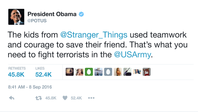 Illustration for article titled So Cool! Obama Just Invited The Kids From āStranger Thingsā To Join The Army